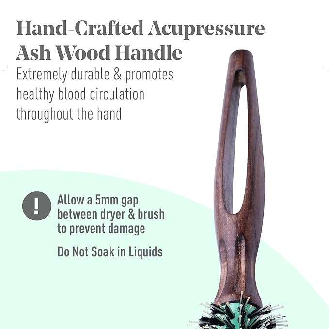 MINT Eco-Friendly Boar Bristle Round Brush for Blow Drying | Durable Blowout Styling for All Hair Types | Ceramic Round Brush with Hand-Crafted Wooden Handle (40 mm)