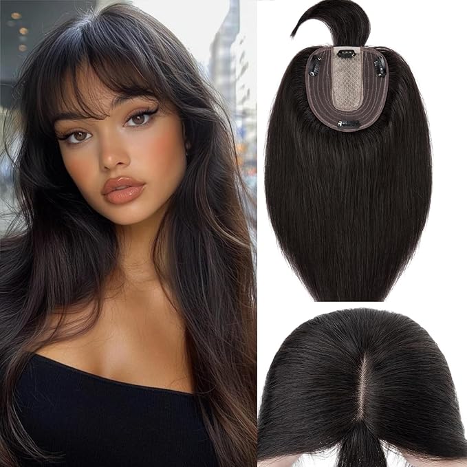 Rich Choices Real Human Hair Toppers for Women With Bang 100% Remy Human Hair Topper for Thinning Hair Clip in Silk Base Hair Topper 12 Inch #1B Natural Black