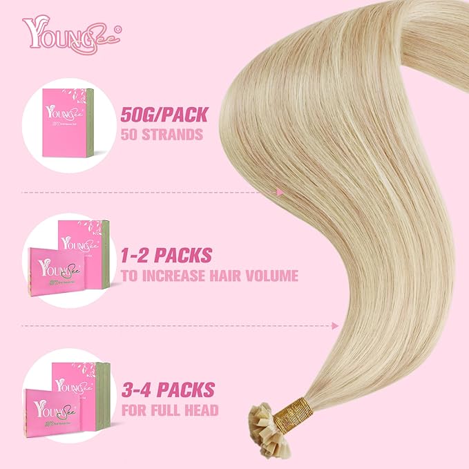 YoungSee K Tip Hair Extensions Highlight 14 Inch K Tips Hair Extensions Human Hair Ash Blonde Highlight Platinum Blonde Remy Keratin Tip Hair Extensions for Women Invisible 50g #18/613