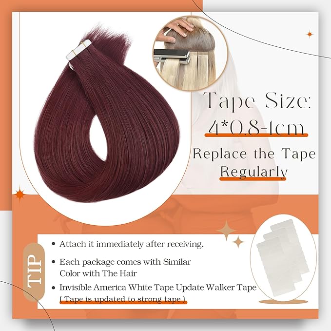 Full Shine Tape ins Human Hair Extensions Wine Red 99J Seamless Skin Weft Tape in Hair Extensions 12Inch Invisible Remy Human Hair 30Gram 20Pcs Add Volume Real Hair for Party Natural
