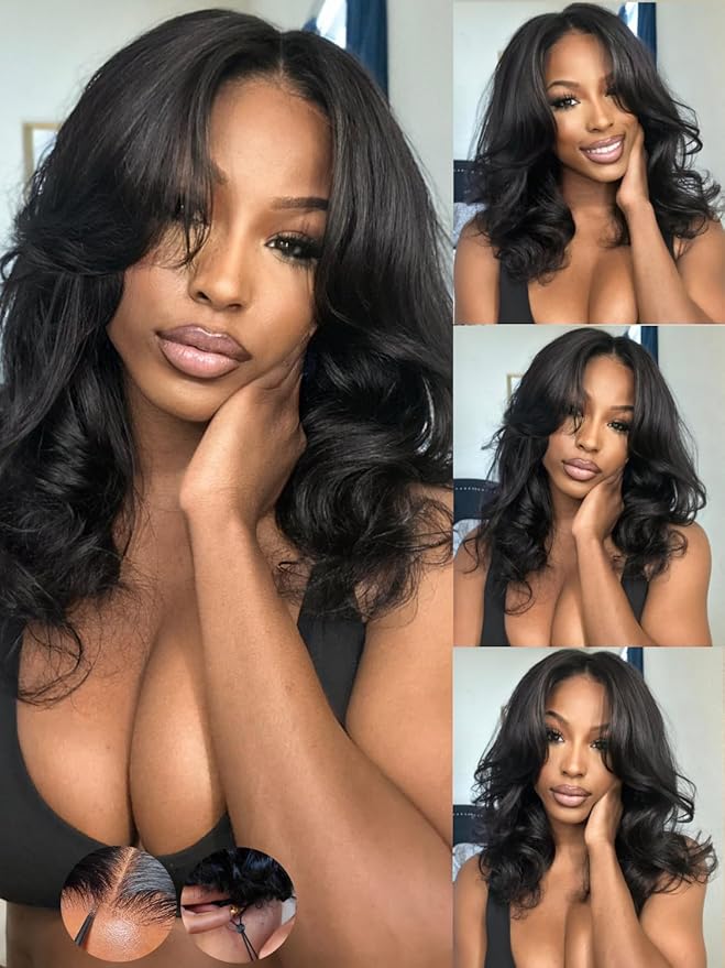 KLAIYI Loose Body Wave Pre Everything Glueless 13x4Lace Front Wig Human Hair Drawstring Precut Lace Pre Plucked Bleached Bye Bye Knots 3S Ready to Wear and Go Wig with Face Framing Curtain Bang 18Inch