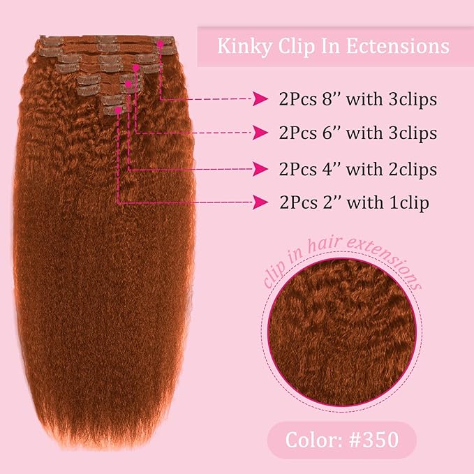 16inch 110g Clip in Hair Extensions Real Human Hair Copper Kinky Straight Clip Ins Seamless Natural and Soft Hair Clip on Hair Extensions for Women Thick End 8pcs 18Cips/pack