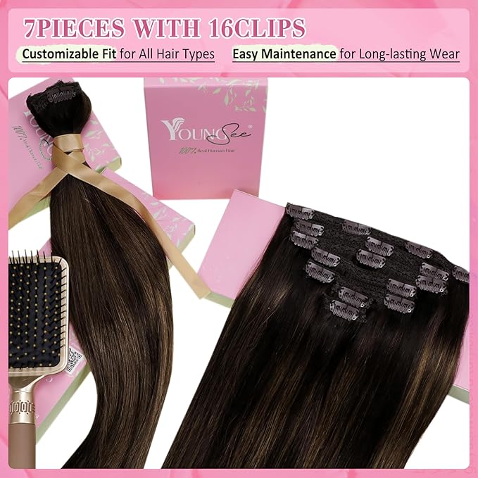 YoungSee 150G Clip in Human Hair Extensions Brown Balayage Human Hair Clip ins Dark Mix Medium Brown Clip in Hair Extensions Long Straight Hair 24Inch 7Pcs