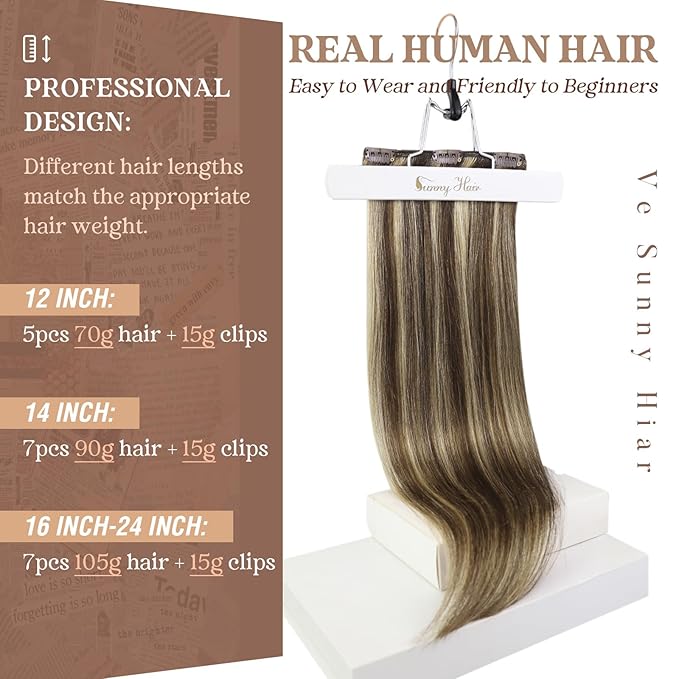 Ve Sunny Clip in Hair Extensions Real Human Hair Brown Clip in Hair Extensions Highlights Human Hair Clip in Extensions Dark Brown with Caramel Blonde Easy to Wear 100g 14inch 7pcs
