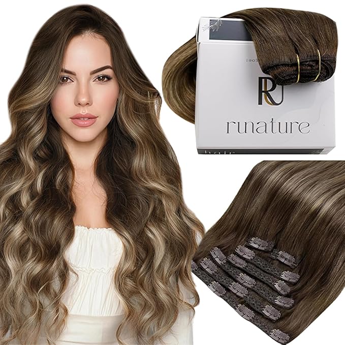 RUNATURE Real Human Hair Clip in Extensions, Balayage Clip in Hair Extensions Human Hair, Soft Straight Natural Hair for Women, Natural Looking 16 Inch 120g 7pcs #4/27/4