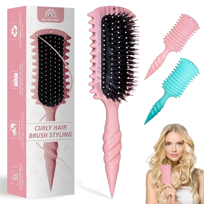 Curly Hair Brush, 5-in-1 Detangling & Curl Defining Brush for Curly Hair Wet or Dry, Shaping & Styling Brushes with Less Pulling for Women & Men (Pink)