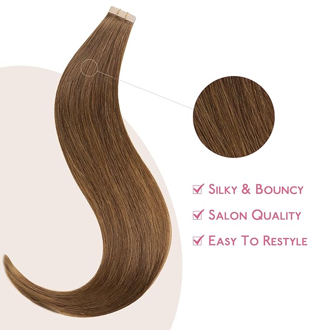 WENNALIFE Tape in Hair Extensions Human Hair Light Auburn Brown Tape in Extensions, 10pcs 30g 24 inch Remy Invisible Tape Ins Straight Colored Soft Real Human Hair Tape in Extensions Refill Set