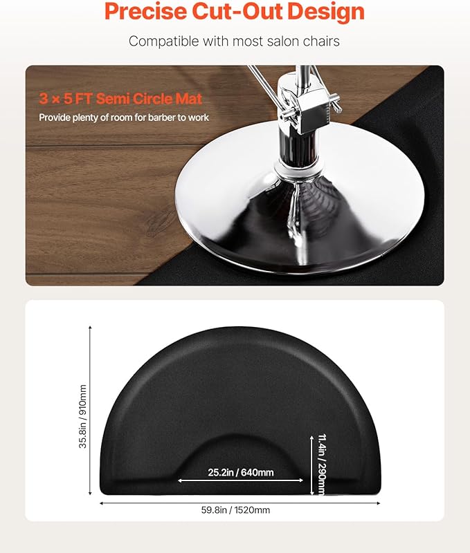 VEVOR Salon Mat for Hair Stylist, 3 x 5 FT Semi-Circle Salon Chair Mat, 1/2-inch Thickened Anti Fatigue Barber Shop Floor Mat with Round Cut Out, Easy-to-Clean PVC Surface & Anti-Trip Beveled Edges