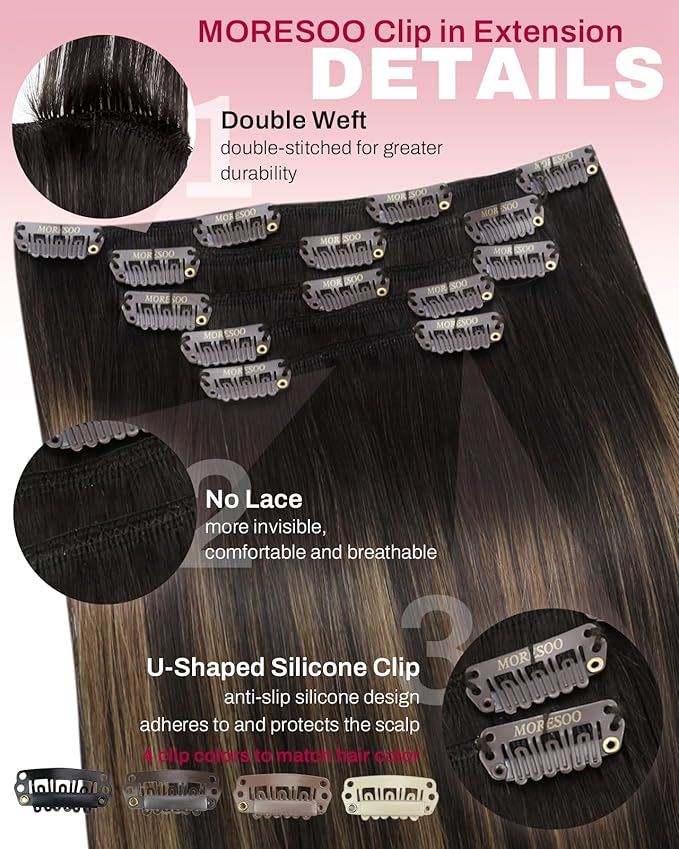 Moresoo Clip in Hair Extensions Real Human Hair Double Weft Human Hair Clip in Extensions Straight Ombre Balayage Dark Brown with Chestnut Brown 5pcs 80g 22inch