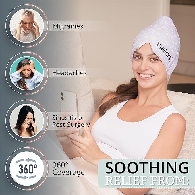 MyHalos® Migraine Relief Cap, 30% Thicker, 2X More Cooling Gel, Stays Colder for Longer, Form Fitting Ice Hat, Ice Pack Head Wrap Relief, Tension Headache Relief Cap (Violet)