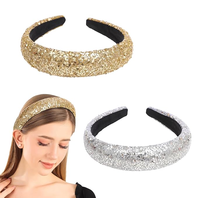 Sequin Headbands for Women Girls,2PCS Sparkle Wide Padded Headband Gold Sliver,Fashion Glitter Hairbands Hair Hoops Comfortable for Daily Prom Party Head Accessories