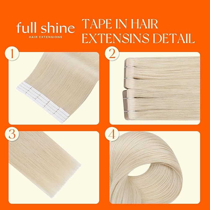 Full Shine Invisible Tape in Hair Extensions Human Hair Color 1000 Blonde Double Sided Machine Remy Injected Tape in Hair Extensions 14Inch 40Grams 20Pcs Add Volume Natural Look for Party Cosplay