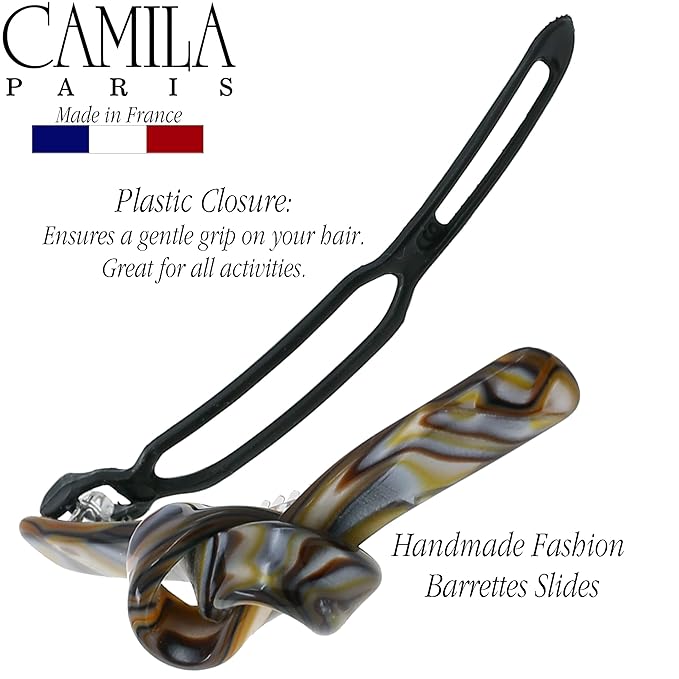 Camila Paris CP3357 French Hair Barrette Clip for Girls, Handmade, Onyx, Metal-Free Closure Strong Hold Grip Hair Clips for Women, No Slip Durable Styling Girls Hair Accessories, Made in France