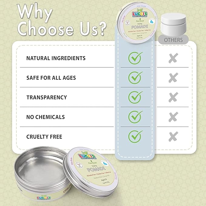 LUCCI’S CHILDRENS GROOMING SUPPLY Baby Hair Gel – 5oz Plant-Based Styling Hair Pomade for Infants – No Parabens or Sulphates – Medium Shine and Strong Hold Hair Paste for Kids