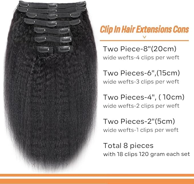 Clip in Hair Extensions Real Human Hair 8Pcs Kinky Straight Brizalian Human Hair Clip ins for Black Women, Natural Soft 120g 26inch #1B Natural Black