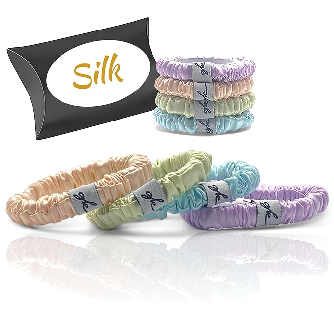 Silk Scrunchies for Women No Damage Mulberry Silk No Slip 4 Pack-Elastic Ponytail Girls Hair Ties | Skinny Hair Ties for Thin Thick Wavy or Curly Hair No Crease for Sleep and Sports (4, Light Pastel)