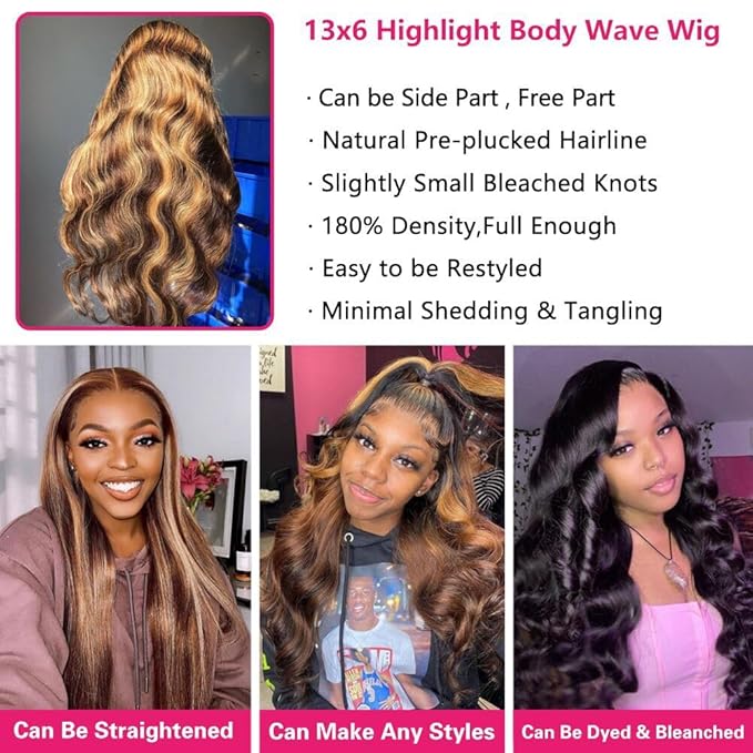 28 Inch 13x6 Body Wave Highlight Ombre Lace Front Wig Human Hair 13x6 HD Lace Front Wigs Human Hair 180% Density P4/27 Colored Wigs Honey Blonde Glueless Wigs Human Hair Pre Plucked Pre Cut