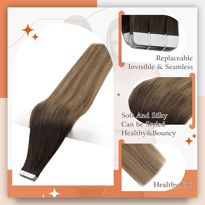 Full Shine Balayage Tape in Hair Extensions Real Human Hair Color 2/6/18 Hair Extensions Tape ins Skin Weft Glue in Human Hair 18 Inch Straight Human Hair Extension 50Gram Invisible Extensions 20Pcs