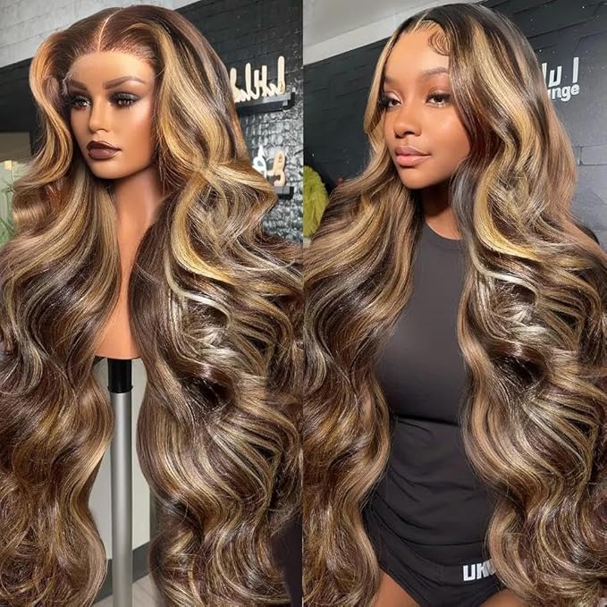 AMIRTY 250 Density 34 Inch Highlight Ombre 360 Lace Front Wig Human Hair Honey Blonde Body Wave HD Lace Front Wigs Human Hair Pre Plucked Brown 4/27 Colored Lace Frontal Glueless Wigs for Women