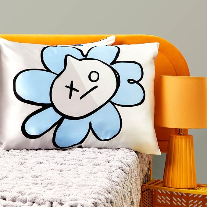Kitsch x BT21 Satin Pillowcase with Zipper – Better Than Silk Pillowcase, Van Character & Funky Floral Print – Soft Cooling Toddler Bed Time Pillow Case for Hair & Skin – Queen/Standard 19x26