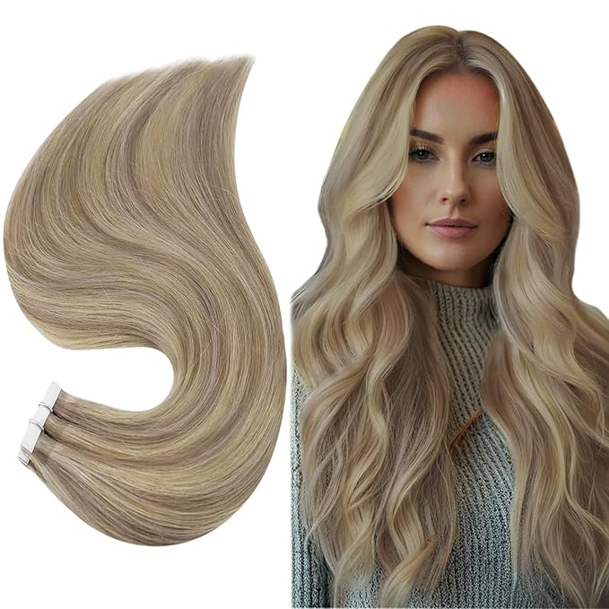 Full Shine Tape in Hair Extensions Human Hair Color 18 Ash Blonde Highlight 613 Blonde Invisible 22Inch Seamless Tape in Extensions Double Sided Remy Human Hair 50Gram Glue in 20 Pcs for Short Natural