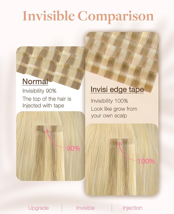 GOO GOO Invisi Edge Tape in Hair Extensions Human Hair, 16/22 Light Blonde Highlighted Golden Blonde 20pcs injected with 20pcs classical tape ins, 20inch 100g, Virgin Remy Hair, Natural Look