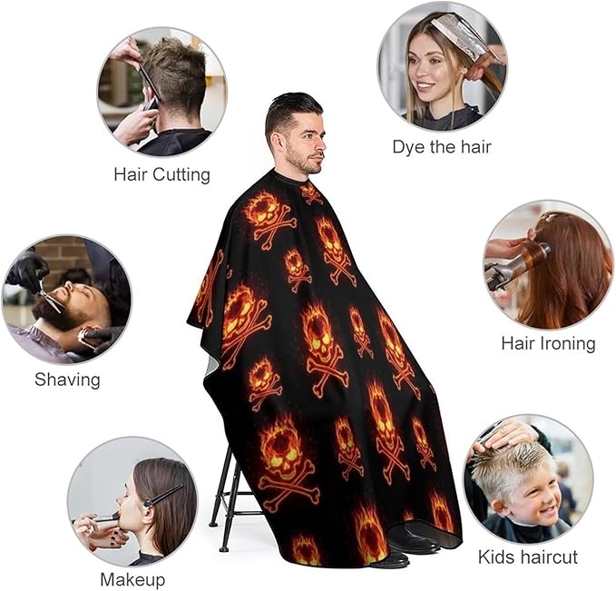Men Fire Flaming Skulls Crossbones Salon Gown Cape, Full Coverage Haircut Hairdressing Cloth Apron for Hairstylists, Barber Aceessories