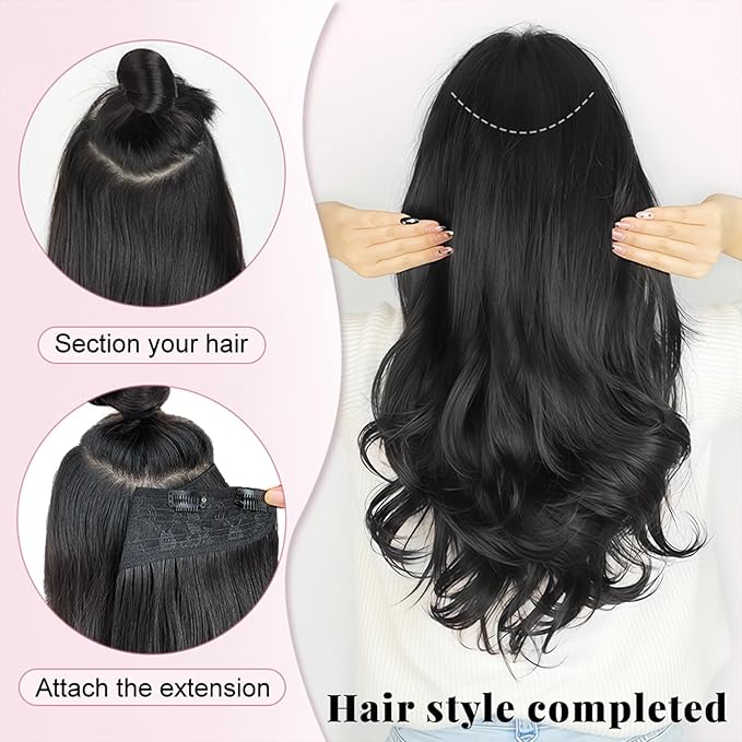 ALXNAN Long Wavy Layered Hair Extensions for Women, Clip in Hair Extensions Clip Ins Soft Full Head Synthetic Hairpieces 16 Inch Dark Brown