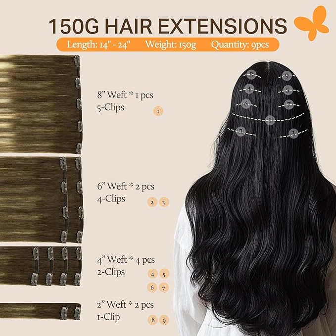 DOORES Hair Extensions Clip in Human Hair, Balayage Walnut Brown to Ash Brown and Bleach Blonde 150g 9pcs 20 Inch, Real Human Hair Extensions Clip in Straight Natural Hair Extensions