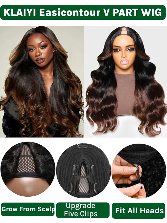 KLAIYI Ombre Brown V Part Wig Body Wave Human Hair Upgrade U Part Wig with Dark Roots Glueless Chestnut Brown Clip in Half Wig No Glue No Leave Out Beginner Wigs for Women Wear and Go Wig 150% 16Inch