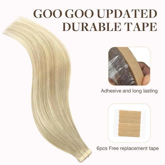GOO GOO Tape in Hair Extensions Human Hair, 18ET90A Natural Blonde Balayage, 18inch 100g 40pcs, Skin Weft Seamless Invisible, Silky Straight with Thick Ends, Remy Human Hair