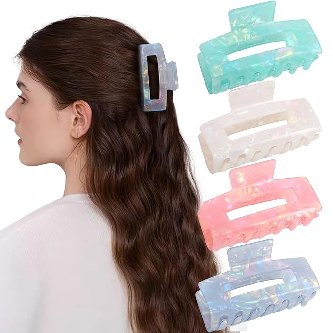 Jayongnee Hair Claw Clips - 4Pcs Medium Clips for Thick or Thin Hair - Square Claw for Women - Rectangle Hair Clips Nonslip Acrylic Hair Accessories for Girls (pink,white,blue,green)