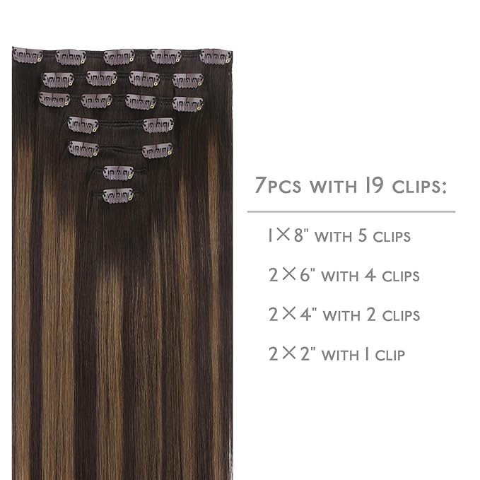 WENNALIFE Clip in Hair Extensions Real Human Hair, 24 Inch 160g 7pcs Balayage Dark Brown Mixed Chestnut Brown Remy Hair Straight Natural Extensiones De Cabello Humano Con Clip Ins
