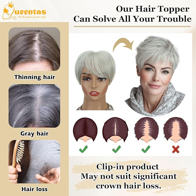 QUEENTAS Grey Hair Toppers for Women with Thinning Hair 360°3D Cover with 5 Clips Short Hair Pieces Wispy Bangs 6"*6" Large Coverage(Gray)