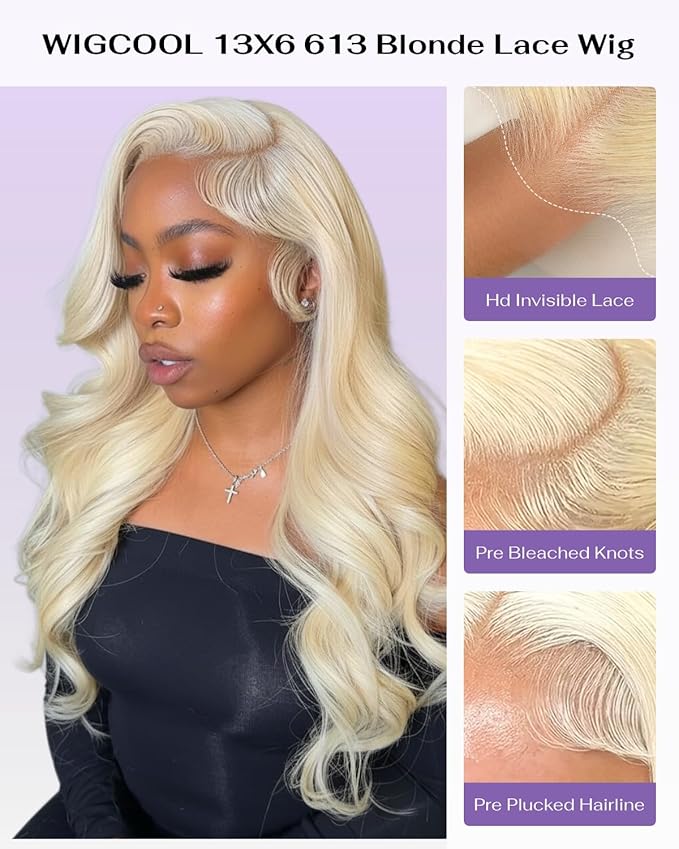 613 13x6 Lace Front Wig Human Hair 180 Density Body Wave Blonde Wig Human Hair 613 HD Lace Frontal Wigs 100% Real Human Hair No Synthetic Blend No Tangle No Shedding Triple Lifespan 3X 22 Inch