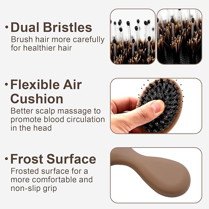 Mini Boar Bristles Hair Bursh, Travel Size Hair Brush for Women Men Kids, Protable Small Hair Brushes for Pockets Purses, Mini Hair Brush for Smooth Add Shine (1 Pack-Mocha)