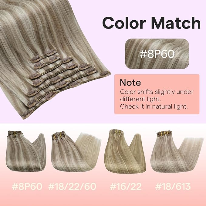 Full Shine Blonde Clip In Hair Extensions, Ash Brown Highlight Blonde Extensions Clip in, Remy Straight Clip in Human Hair for Women,Double Weft 7 Pcs 120 G 16 Inch