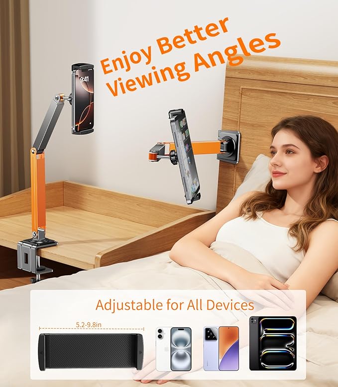 Desktop Hair Dryer Stand with Free Phone/Tablet Clip, Hair Dryer Stand Hands Free,Metal Material. Adjustable Hair Dryer Hanger for Vanity, Countertop, Bedside,Practical Gift for Elderly