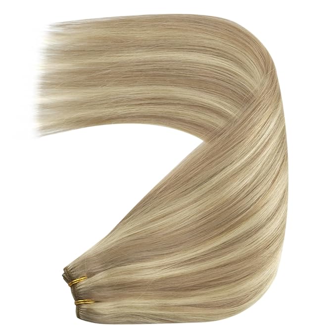 YoungSee Sew in Hair Extensions Real Human Hair Highlight Hair Extensions Weft Dark Ash Blonde Highlighted Light Blonde Full Head Sew in Bundles Human Hair 16Inch 100G