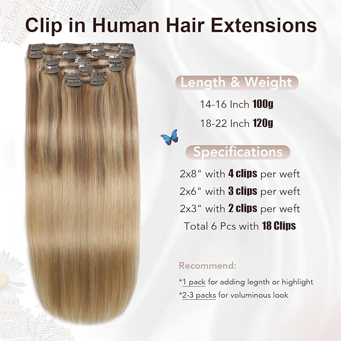 XDhair Human Hair Clip in Extensions 120g Balayage Color 10 Golden Brown to Light Blonde Highlight 27 Blonde Double Weft Clip in Hair Extensions #10/27/27 22 Inch