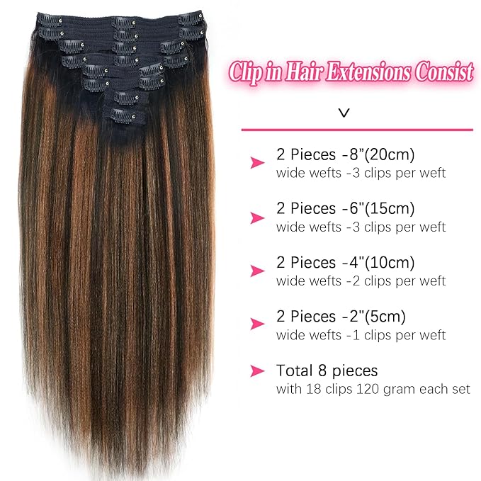 Yaki Straight Clip ins Real Human Hair Extensions For Women Highlight Hair Extensions Yaki Straight Clip in Hair Extensions(12inch,T1BP1B/30)