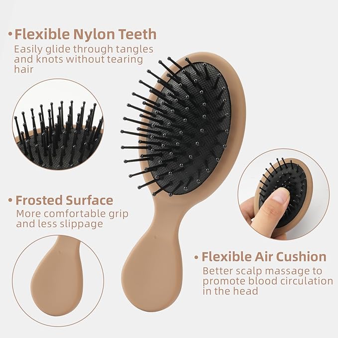 Mini Hair Bursh for Women,girls-Protable Travel Size Hair Brush for Pockets,Purse,backpack-Mini Detangler Brush for All Hair Types,Small Hair Brush for Detangling (1 Pack-Mocha)