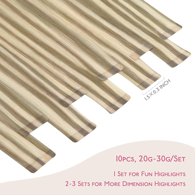 WENNALIFE Tape in Hair Extensions Human Hair Ash Brown with Platinum Blonde Highlights Tape in Extensions, 10pcs 25g 18 inch Remy Invisible Tape Ins Straight Colored Soft Refill Set