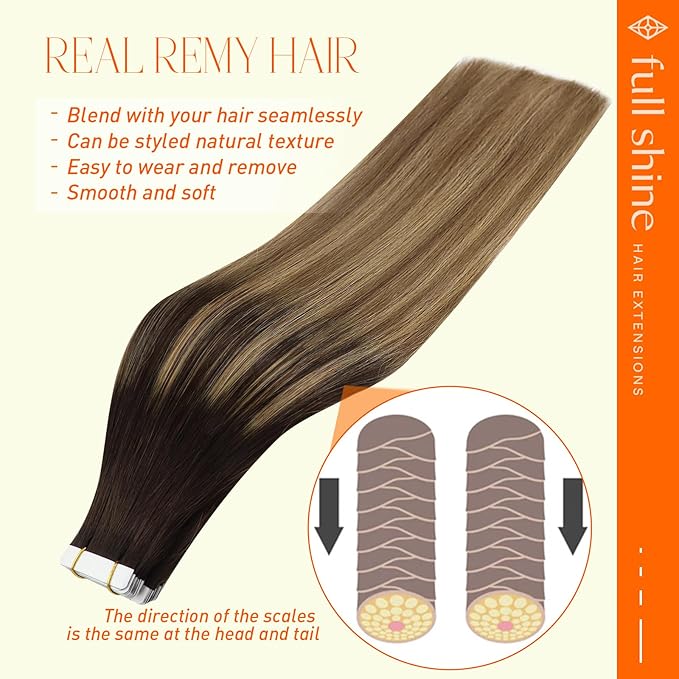 Full Shine Tape in Extensions Real Human Hair 22 Inch Balayage Color 2 Brown Ombre 8 Ash Brown and 27 Blonde Double Sided Adhesive Tape Straight Remy Hair Invisible Seamless for Women 20 Pcs 50 Grams