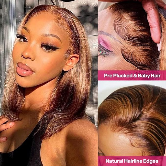 4/27 Ombre Highlight Bob Wig Human Hair 10 inch straight 427 bob wig 13x4 Highlight HD Lace Frontal Bob Wig Human Hair 180% Density Pre Plucked Ombre Short Bob Wigs for Black Women