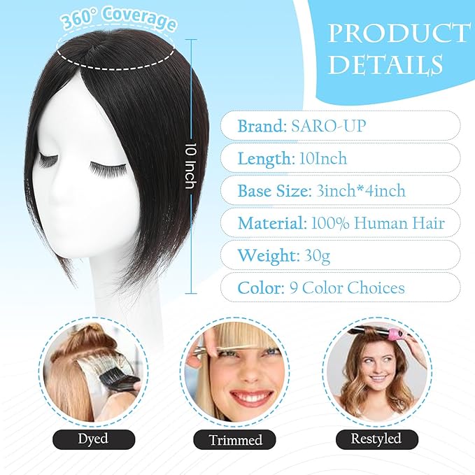 SARO-UP Hair Toppers for Women Real Human Hair Toppers for Women with Thinning Hair pieces with No Bangs 3 * 4Inch Hand-Tied Invisible Upgrade Swiss Base 10Inch Topper (Natural Black)