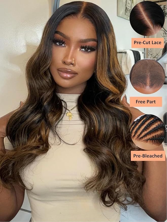 YIROO Bye Bye Knots Pre Everyting Glueless Wigs Highlight Balayage Brown Body Wave Put on and Go 7x5 Pre Cut Lace Front Wig Invisible Knots Pre-Bleached Pre Plucked Ready to Go 150% Density 24inch