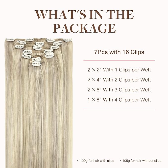 GOO GOO Clip in Hair Extensions Real Human Hair, Remy Human Hair Extensions Clip ins for Women, Natural Human Hair, 16inch 120g 7Pcs, 17A/60A Ash Blonde Highlighted Platinum Blonde