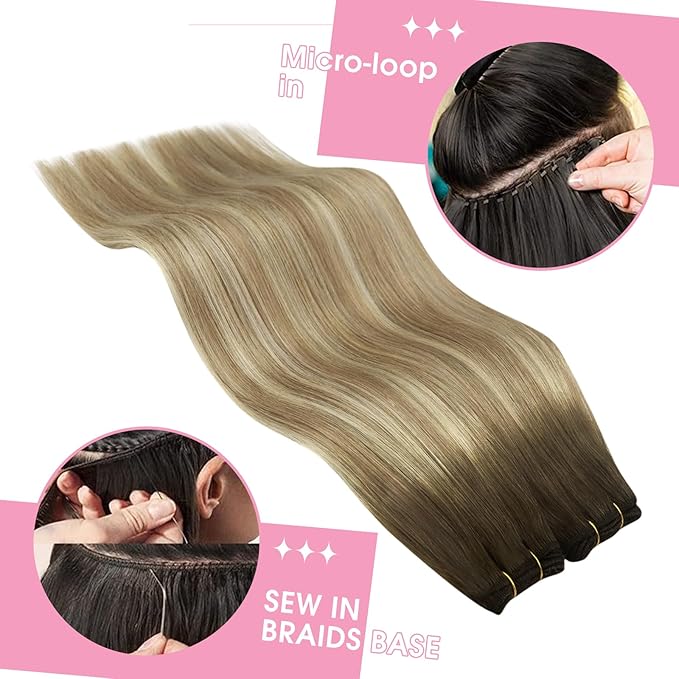 YoungSee Weft Hair Extensions Human Hair Brown Ombre Human Hair Sew in Extensions Walnut Roots to Light Brown with Blonde Balayage Weft Hair Extensions for Full Head 16Inch 100G