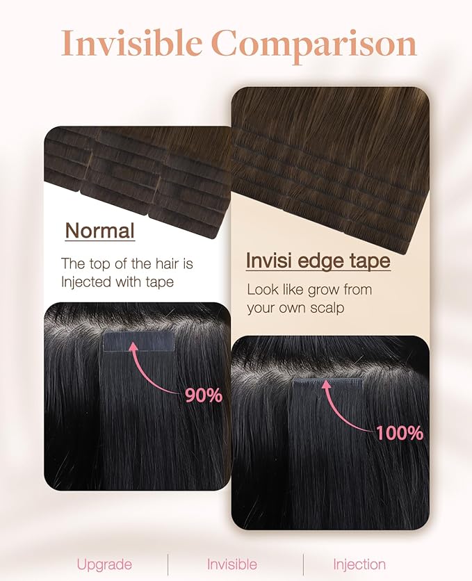 GOO GOO Invisi Edge Tape in Hair Extensions Human Hair, 4/18 Balayage Chocolate Brown Highlighted Dirty Blonde, 20pcs 16inch 50g, Virgin Remy Hair, Seamless Injected Tape, Natural Look